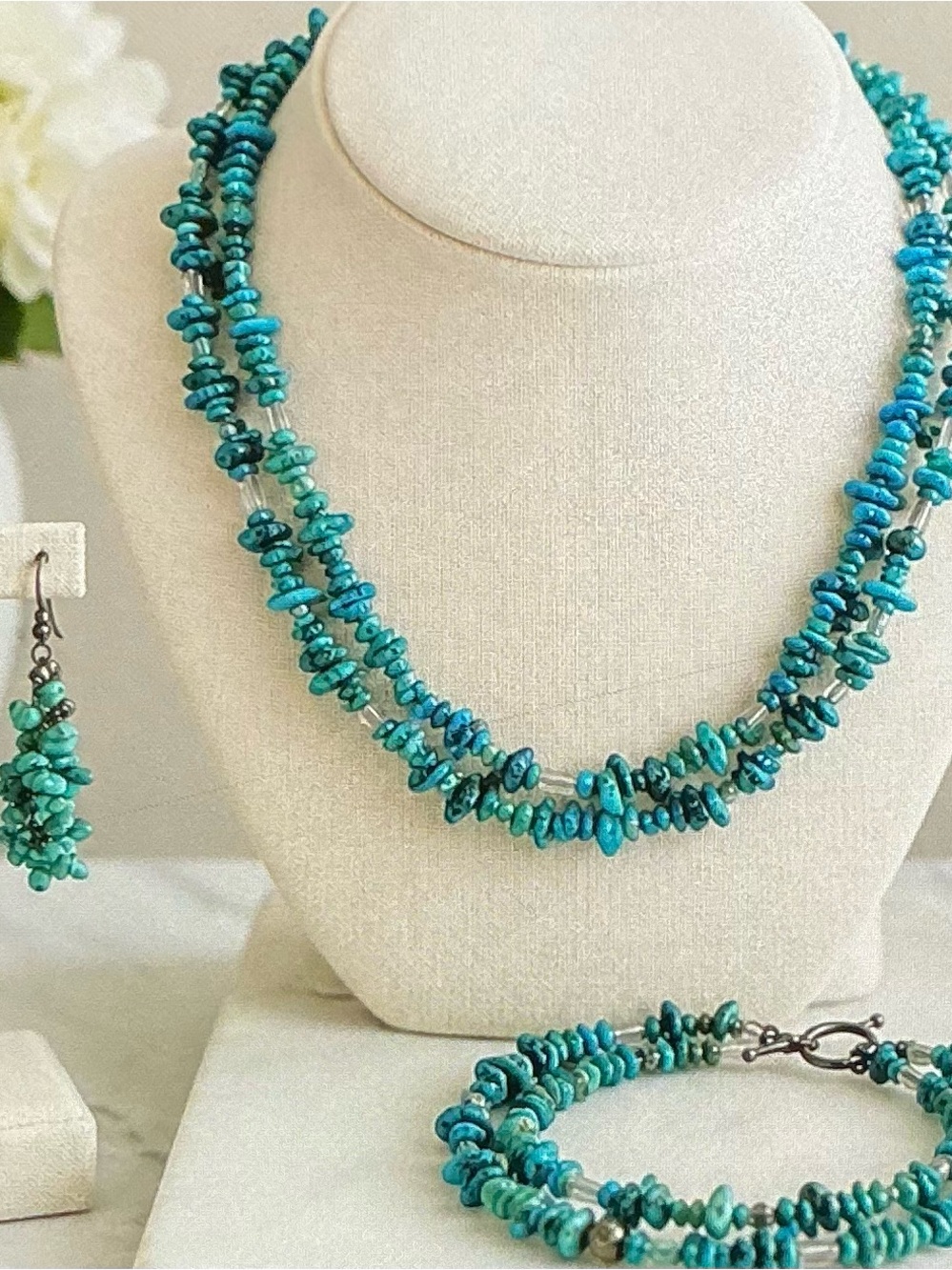 Turquoise Chip Bead Necklace, Earrings and Bracelet Set - Blue Green Jewelry